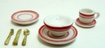 (image for) Red Trim Ceramic Dinner Set for One w/ Goldware 8pc