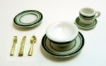 (image for) Green Trim Ceramic Dinner Set for One w/ Goldware 8pc