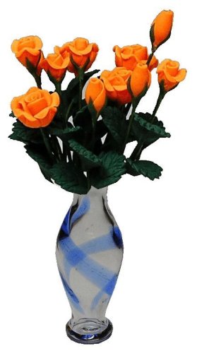 (image for) Apricot Roses in Blue Striped Vase 12pc