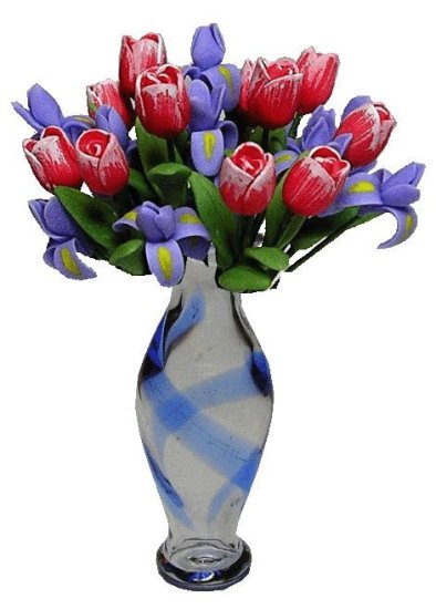 (image for) Pink Tulips & Purple Irises in Blue Striped Vase 12pc