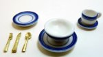 (image for) Blue Trim Ceramic Dinner Set for One w/ Goldware 8pc