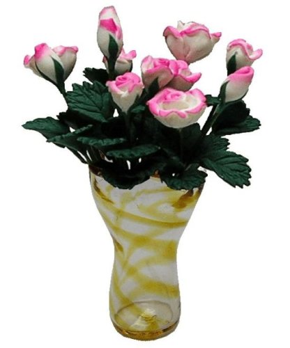 (image for) Pink & White Roses in Amber Striped Ruffle Vase 12pc