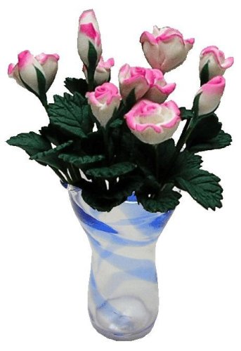 (image for) Pink & White Roses in Blue Striped Ruffle Vase 12pc