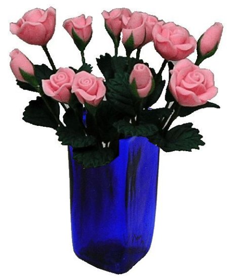 (image for) Pink Roses in Blue Square Vase 12pc