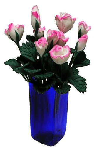 (image for) Pink & White Roses in Blue Square Vase 12pc