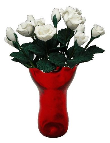 (image for) White Roses in Red Ruffled Vase 12pc