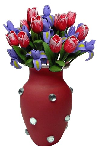 (image for) Pink Tulips & Purple Irises in Red Jeweled Vase