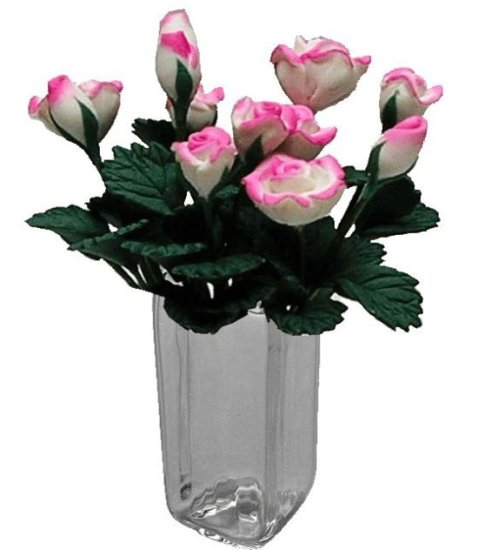 (image for) Pink & White Roses in Square Glass Vase 12pc