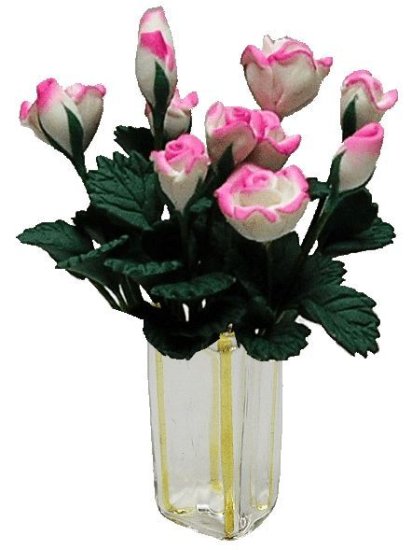 (image for) Pink & White Roses in Amber Striped Square Vase 12pc