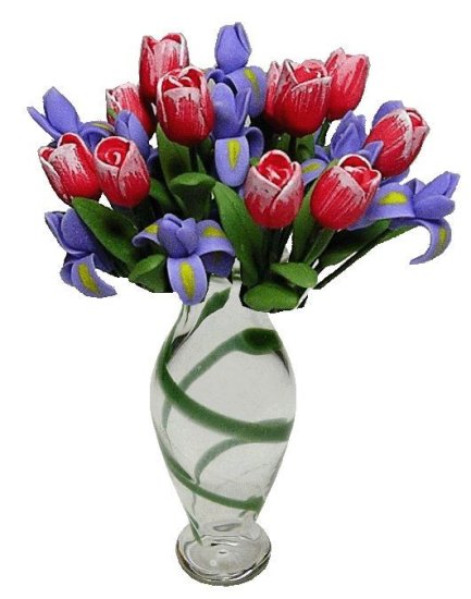 (image for) Pink Tulips & Purple Irises in Green Striped Vase 12pc