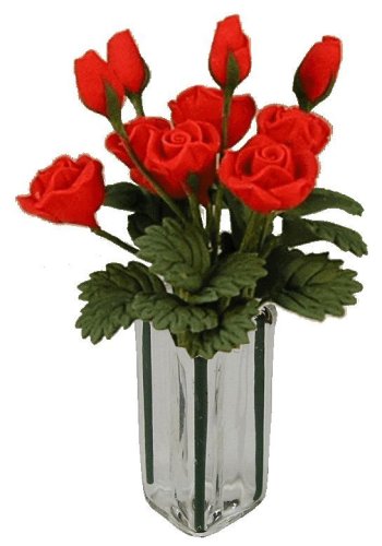 (image for) Red Roses in Green Striped Square Vase 12pc