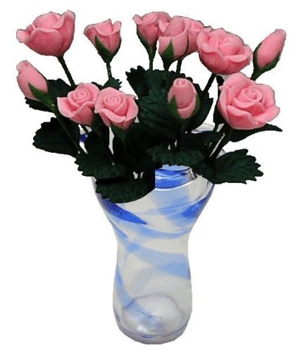 (image for) Pink Roses in Blue Striped Ruffle Vase 12pc