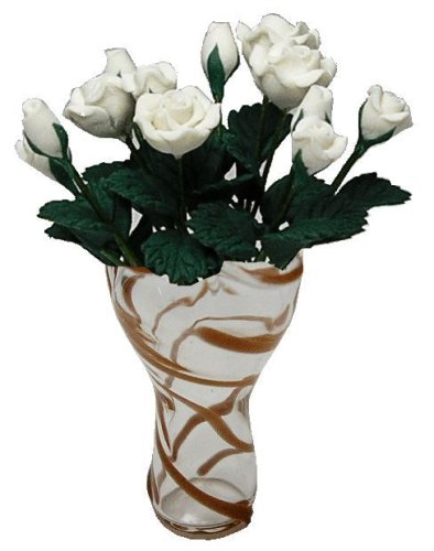 (image for) White Roses in Brown Striped Ruffle Vase 12pc