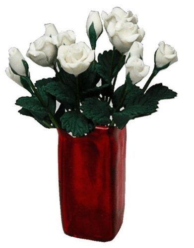 (image for) White Roses in Red Square Vase 12pc