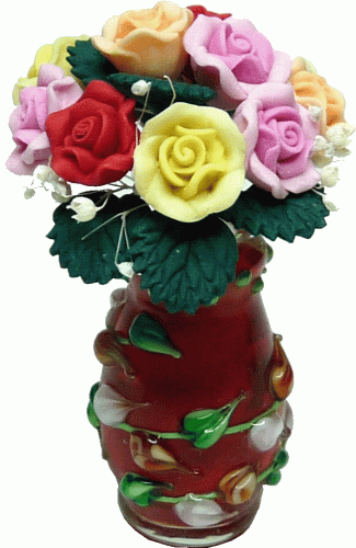 (image for) Multicolored Roses in Red Glass Vine Vase