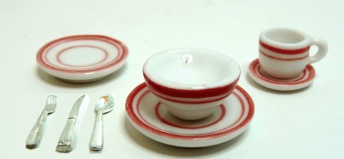 (image for) Red Trim Ceramic Dinner Set for One w/ Silverware 8pc