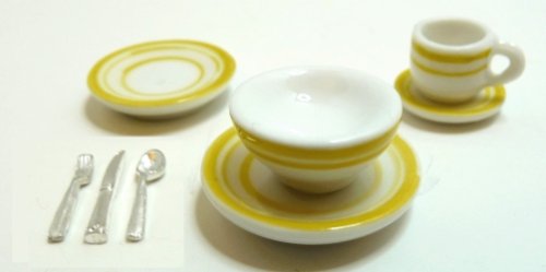 (image for) Yellow Trim Ceramic Dinner Set for One w/ Silverware 8pc