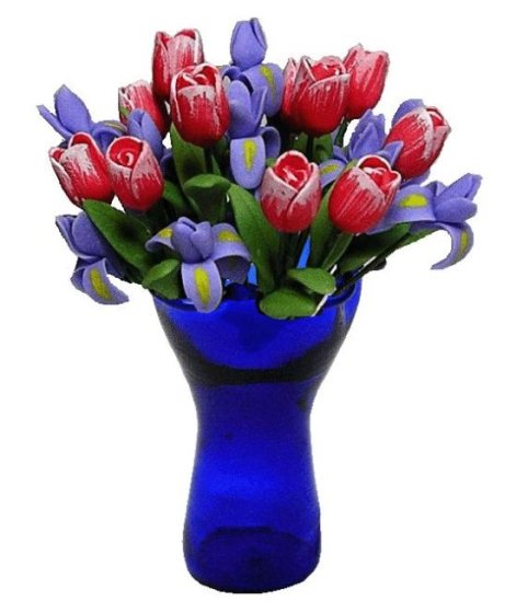 (image for) Pink Tulips & Purple Irises in Blue Ruffled Vase 12pc