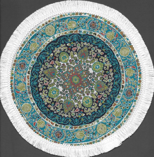 (image for) Fringed Round Woven Turkish Rug - Teal Floral