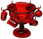 (image for) Red Glass Punch Bowl Set w/ Ladle & 6 Glasses