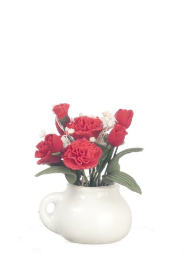 (image for) Red Carnations & Rose Buds in White Planter