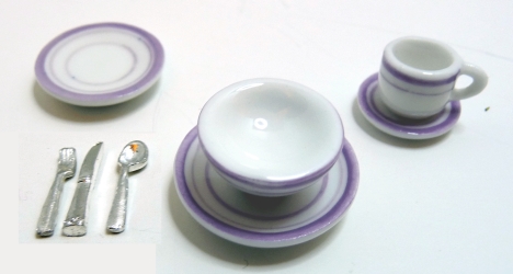 (image for) Purple Trim Ceramic Dinner Set for One w/ Silverware 8pc