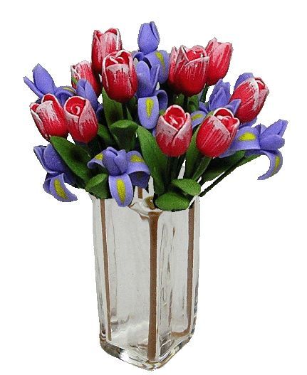 (image for) Pink Tulips & Purple Irises in Brown Striped Square Vase 12pc