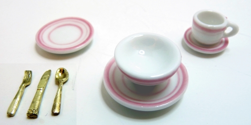 (image for) Pink Trim Ceramic Dinner Set for One w/ Goldware 8pc