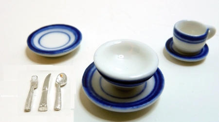 (image for) Blue Trim Ceramic Dinner Set for One w/ Silverware 8pc