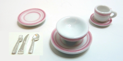 (image for) Pink Trim Ceramic Dinner Set for One w/ Silverware 8pc