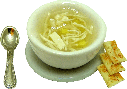 (image for) Chicken Noodle Soup on Saucer w/ Spoon & Crackers