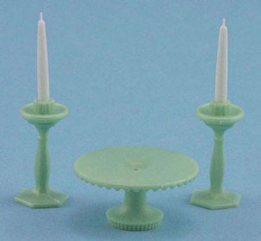 (image for) Jadite Cake Plate & 2 Candle Holders